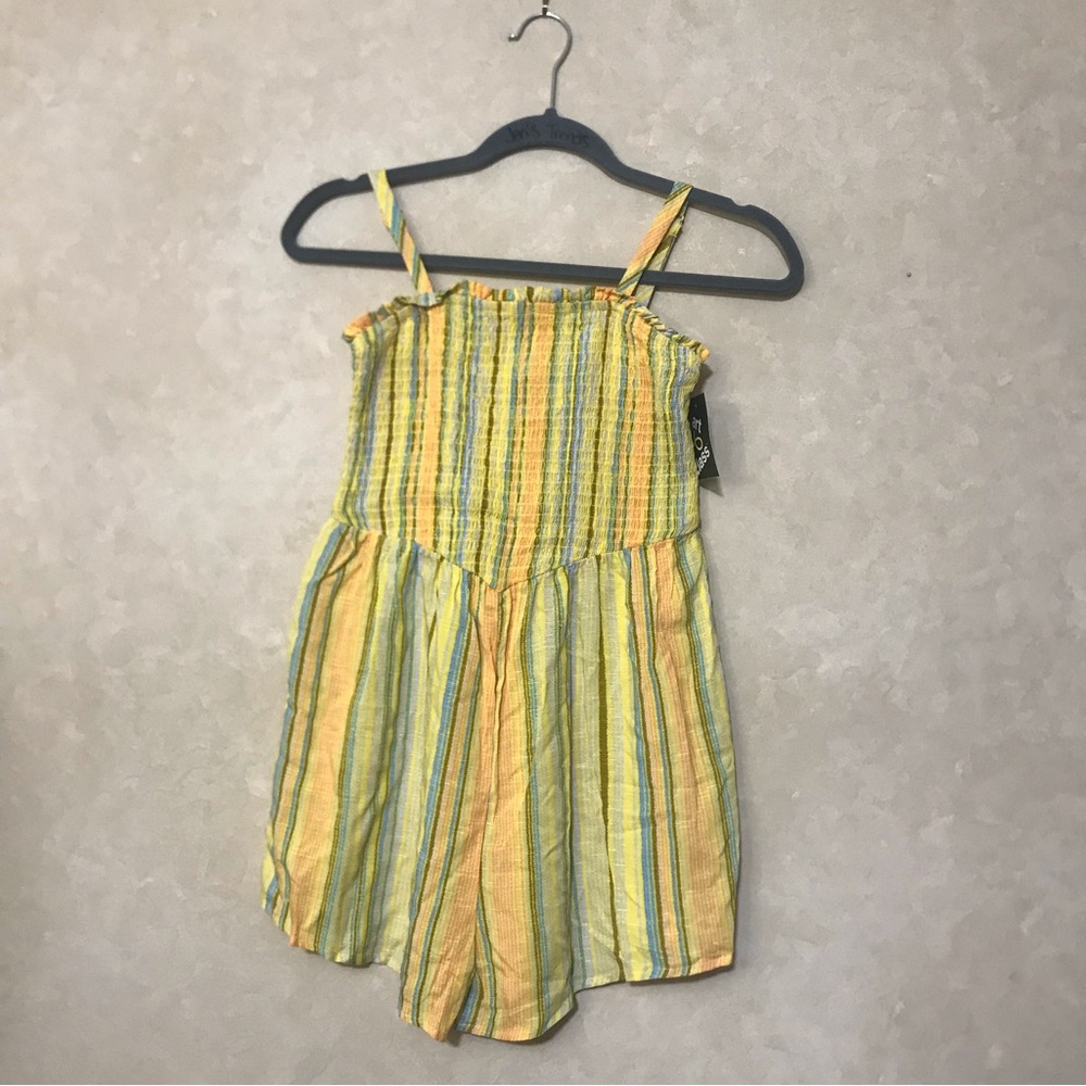 $5 SALE Smocked Romper Size Large 10/12 Yellow Multicolored Stripes NWT - Picture 1 of 5
